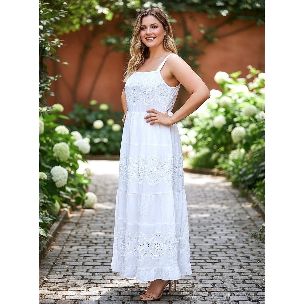NWT White Eyelet 100% Cotton Maxi Beach Dress 1X - Tiered Boho Peasant